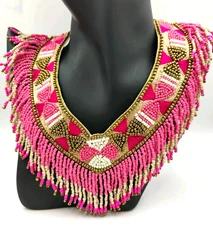 Collar Bib Glass Seed Beads Choker Necklace Wide Pink Velour Backing