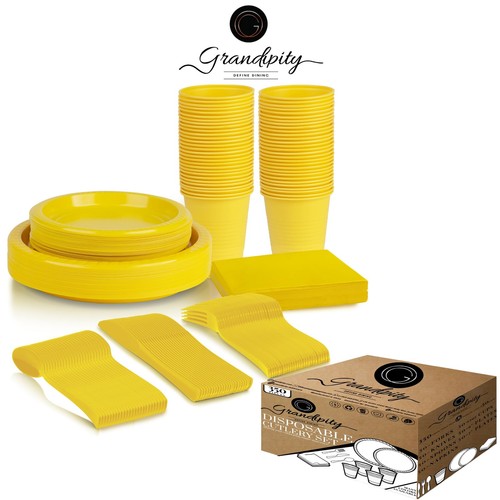 350 Piece Yellow Disposable Dinnerware Set, Includes 50 of Each: 9" Dinner Pl... - Picture 3 of 6