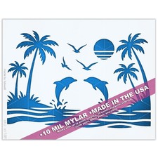 Tropical Dolphin Stencil - Palm Tree Ocean Sunset Beach 10 Mil Mylar Template