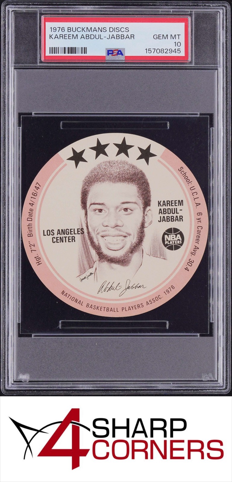 1976 BUCKMANS DISCS KAREEM ABDUL-JABBAR LAKERS HOF PSA 10