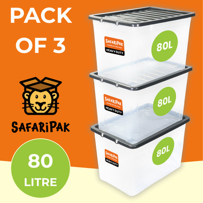 SafariPak 3 x Klare Plastik 80L Stapelboxen mit Deckel Clip-Lock Container