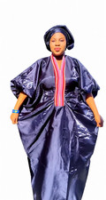 Women  s Blue Satin African Kaftan Dress Traditional Robe with Headwrap One Size