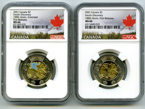 2021 $2 CANADA NGC MS66 TOONIE INSULIN TWO DOLLAR MATCHED 2-COIN SET - FR