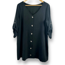 Boutique Women's XL Roll Tab Sleeve Button Down Shirt Dress Black Contemporary