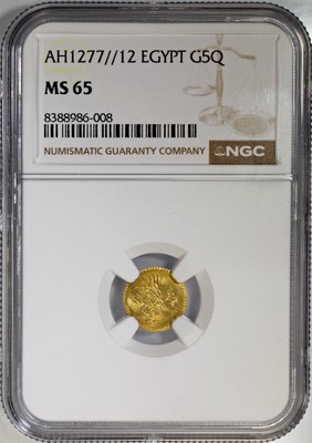 Egypt AH 1277 Year 12 1871 Gold 5 Qirsh NGC MS65 GEM Sultan Abdul Aziz