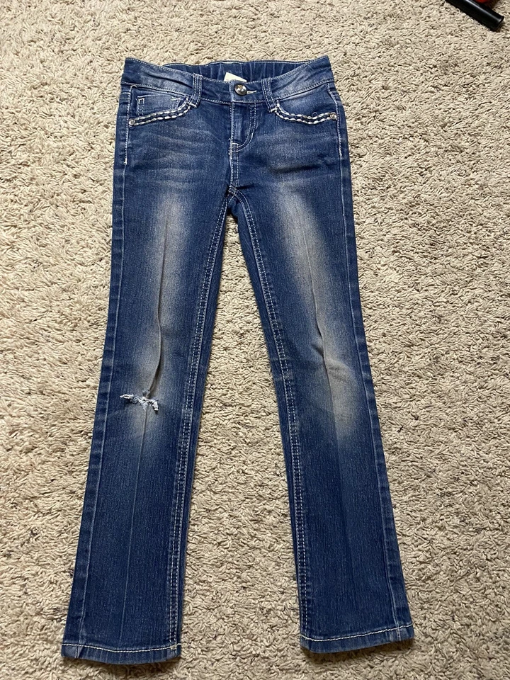 Faded Glory Jeans Girls Size 6 Medium Blue Wash Embroidered Distressed Faded - Image 2 of 4