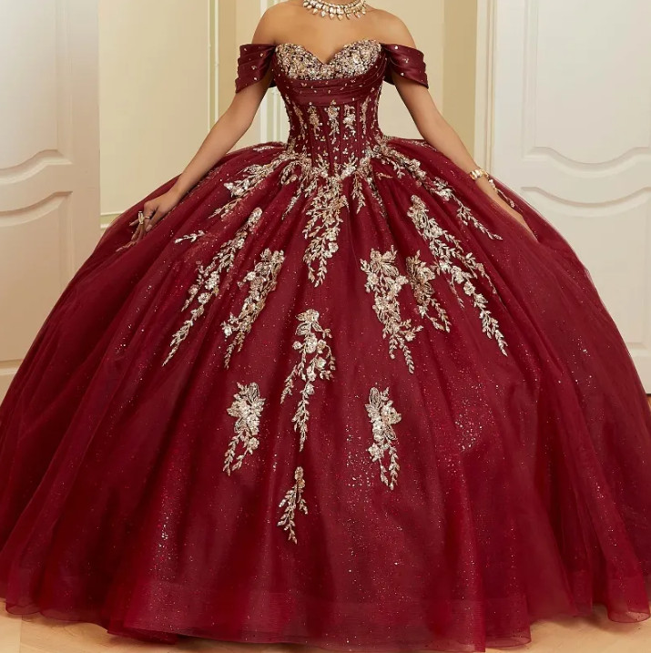 Elegant Glitter Burgundy Quinceanera Dress with Gold Lace Appliques Sweet  15 16