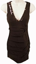 V NECK LITTLE BLACK MINI DRESS WITH SEQUIN TRIM STRAPS, PEARL SIZE XS, LD368A