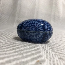 Variegated Blue Floral Glazed Ceramic Egg Trinket Box Lidded Jewelry Dish
