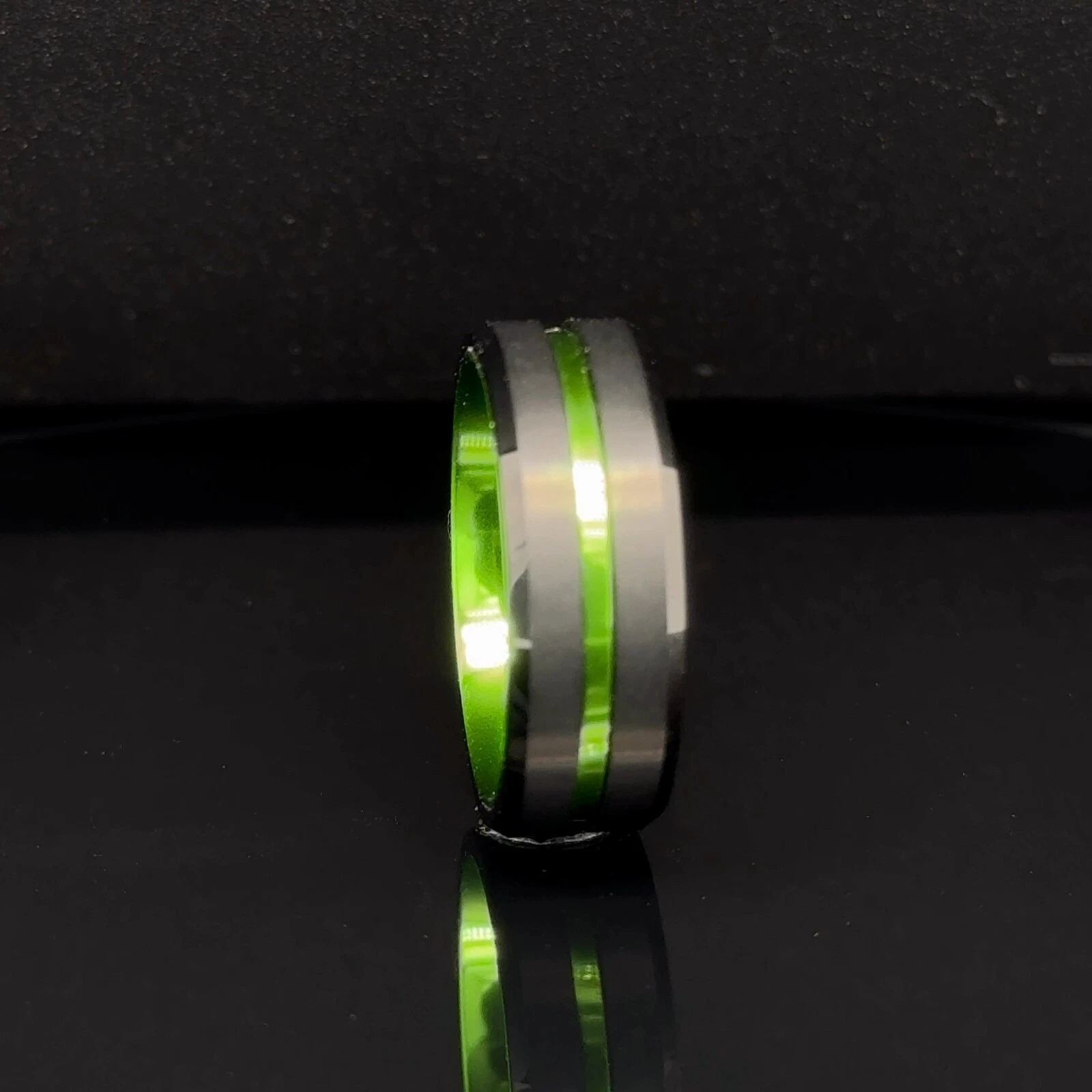 8mm High Polished Tungsten Ring Green Lined Dual Black Stripe Design Unisex Band