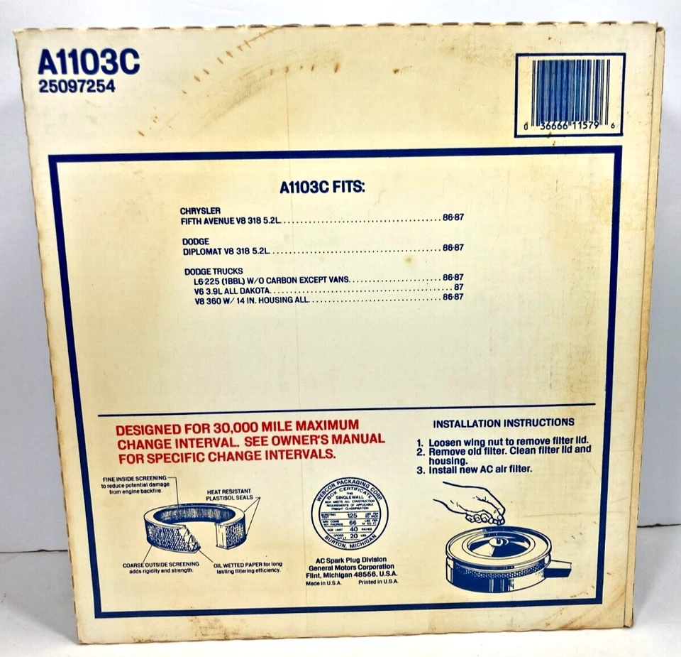 NOS AC DELCO A1103C 25097254 AIR FILTER DODGE V8 360 TRUCK Van DAKOTA 1986-87 - Image 3 of 4