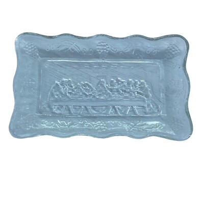 Vintage Jesus and The Lord's Supper Clear Glass Mini Communion Plate 5.5'' x 3.5''