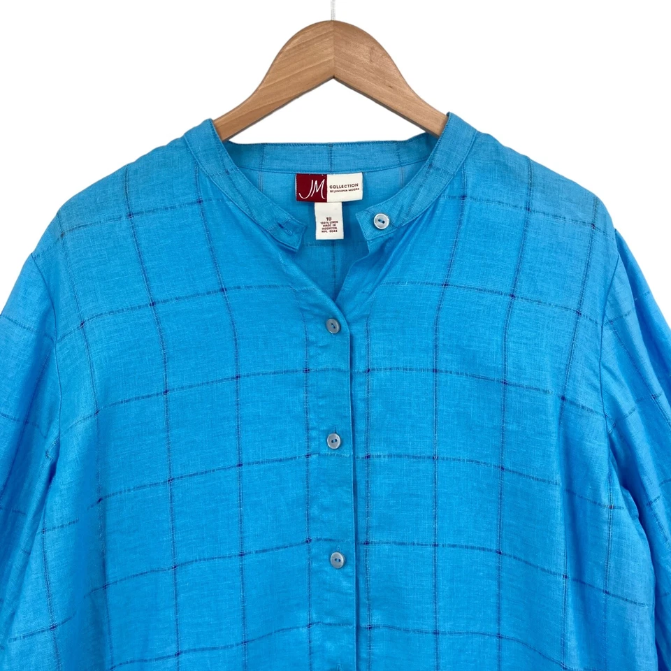Camisa de lino JM Collection para mujer talla 18 azul liso botón abertura frontal Foto 3 de 4