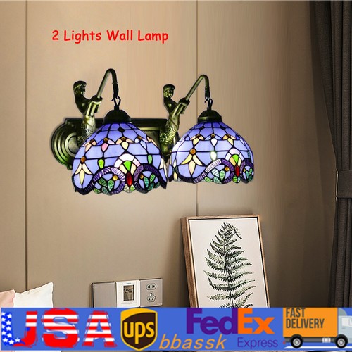 2 Lights Victorian Vanity Wall Lamp Stained Glass Mermaid Bathroom Wall Sconce
