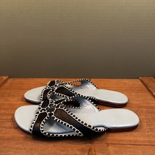 Frances Valentine Womens Meredith Blanket Stitch Slide Sandals Blue Leather 7B