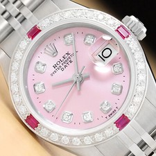 LADIES ROLEX DATE 18K WHITE GOLD DIAMOND RUBY & STEEL PINK DIAL WATCH
