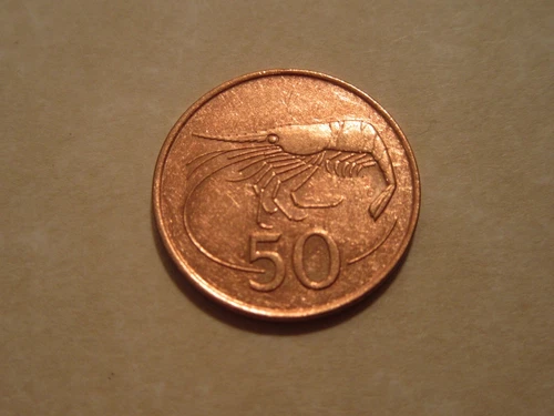198*  Iceland Coin  50 Aurar  SHRIMP   animal coin cleaned coins but nice !!!