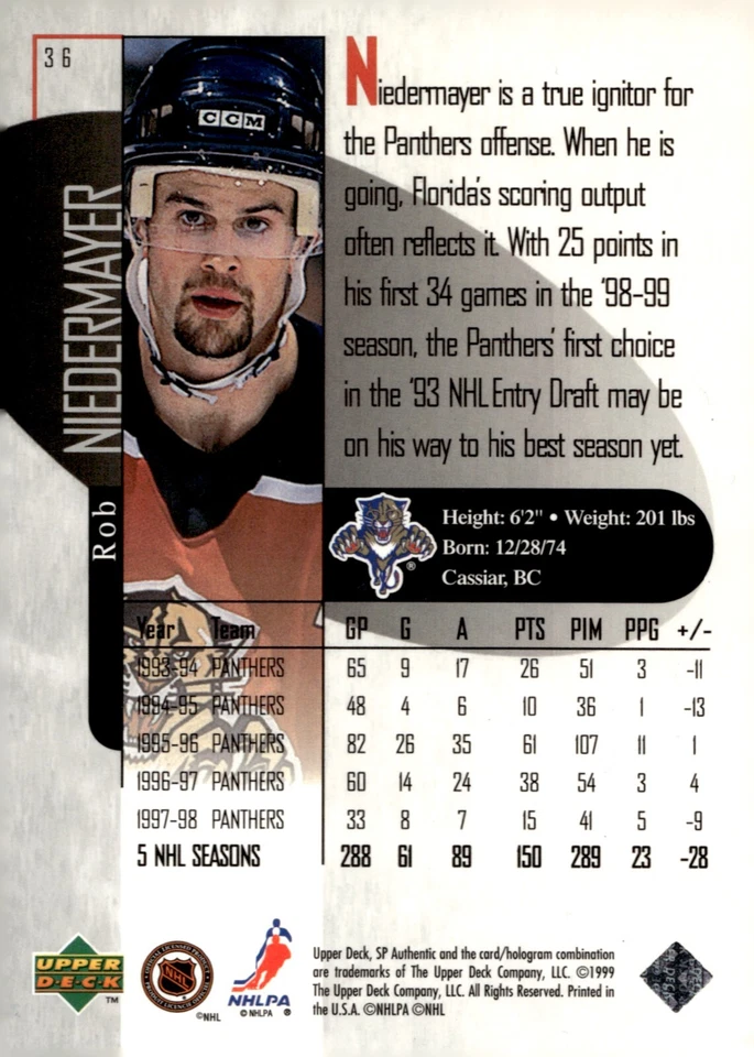 Rob Niedermayer - Signed 1998-99 Upper Deck SP Authentic Card #36 - Panthers - Image 2 of 2
