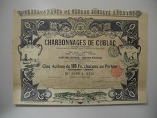 5er Bergbau Aktie " Charbonnages de Cublac "- 100 Francs von 1900