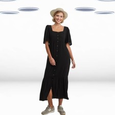 Ex Simply Be Women's Plus Size Crinkle Button Through Maxi Dress in Black