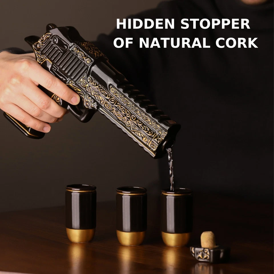 Ceramic Pistol Gun Decanter Set 17 Oz Whiskey Tequila Men Gifts Regalo Hombre - Image 2 of 4