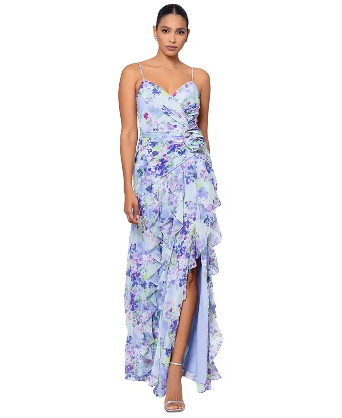 XSCAPE Women's Floral-Print Rosette Ruffled Gown Maxi Dress Pastel colors  Size 8 | eBay