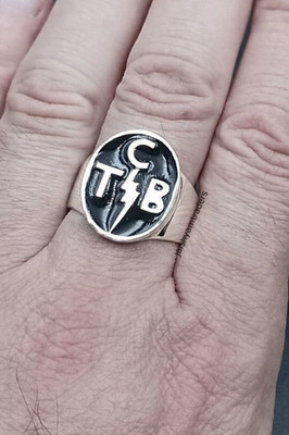 Vintage Style TCB Lightning Bolt Black Enamel 925 Sterling Silver Men's Ring