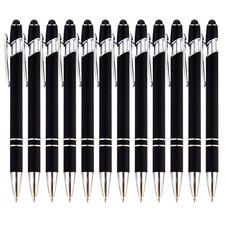 12-Piece Black Ballpoint Pen with Stylus Tip, 2 in 1 Stylish Metal Touch Screen