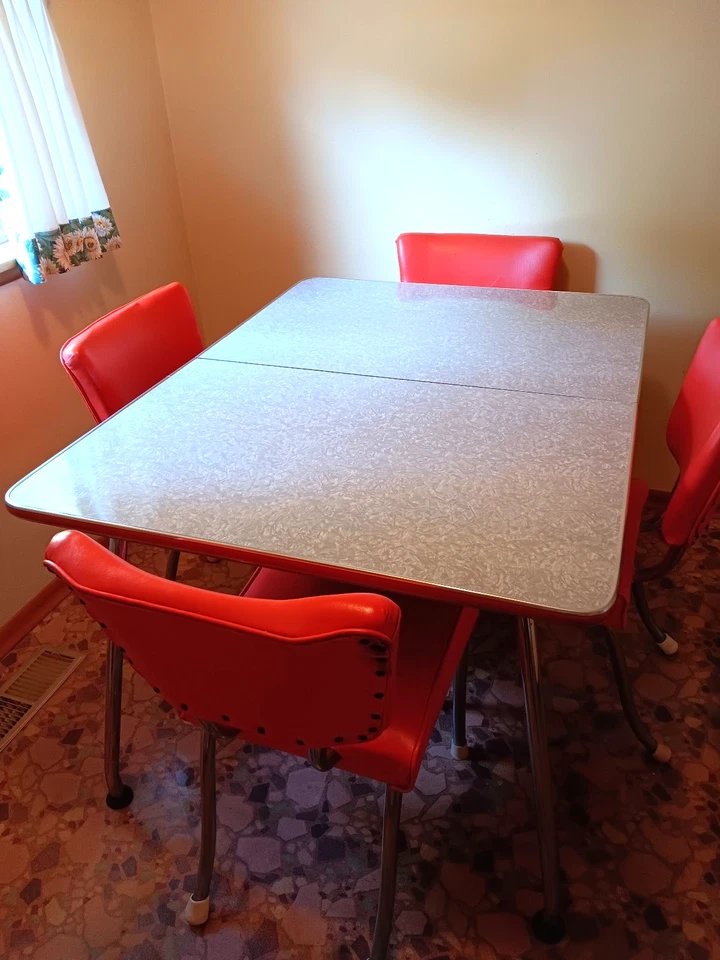 Mesa de comedor de cocina formica cromada vintage años 50 60 + hoja 4 sillas asientos 6 Foto 2 de 4