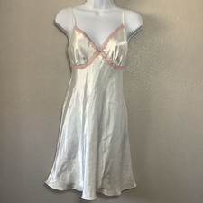 Vintage Y2K White Pink Coquette Feminine Romantic Satin Lace Bow Slip Dress M