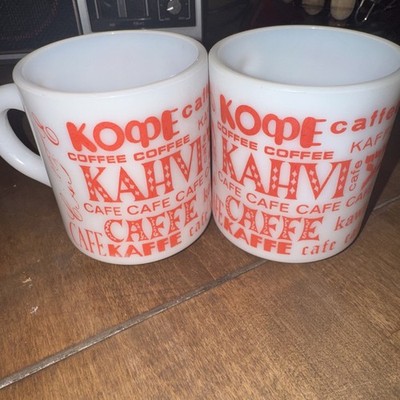 Vintage Hazel Atlas Milk Glass Red Print Many Languages Cafe Coffee Cup Mug