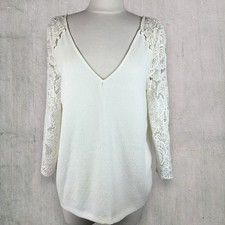 Sezane Cream Colored Lace Sleeve V-Neck Top Trousseau Button Detail Size 38 / M
