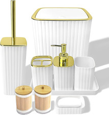 Bathroom Accessory Set White-9Pc Set with Toilet Brush, Trash Can, Soap Dispense