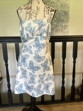 Shekou Satin Dress Size Large Blue And White Butterfly New