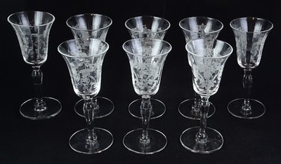 8 Morgantown (?) Elegant Glass Cordials Etched Optic Bowls