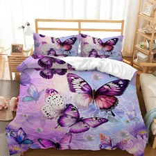 Girls Flower Butterfly Duvet Cover Set Queen Size,Purple Floral Kids Comforte...