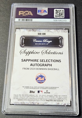 2024 Bowman Draft Sapphire Selections Auto Carson Benge Refractor #SSACBE PSA 10 - Picture 2 of 2