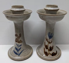 Set of 2 Jugtown Art Pottery Candlestick Candle Holders 7.5" w/ Floral Design