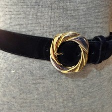 Vintage Black Suede Leather Belt Gold Silver Interlocking Buckle 2707 Size 2