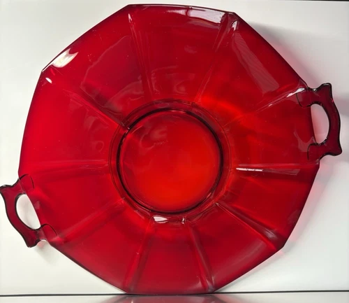 IMPERIAL GLASS Depression Era Ruby Red Handled Plate "Molly" Pattern Vtg. #725