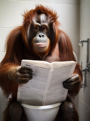 Lustiger Orang-Utan sitzt auf Toilette und liest Zeitung - Humorvolles Badezimmer Poster A