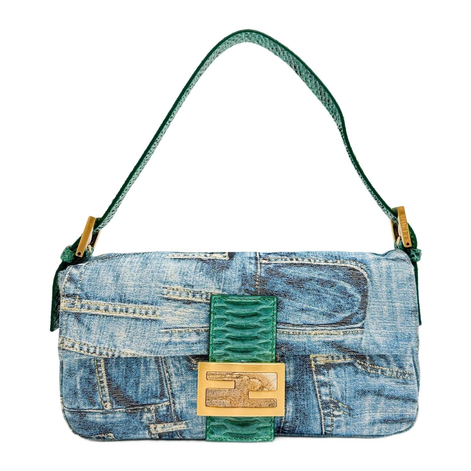 Fendi — FENDI Baguette Denim Print Canvas with Python Shoulder Bag
