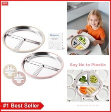 Stainless Steel Toddler Plate Set 9 Inch Divided with Suction Base 2 Pack Pink
