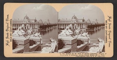 Statue on W. side of Grand Cascades, Palace of Electricity in distance, across
