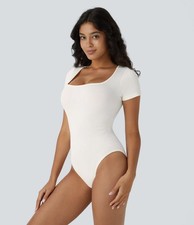 Halara OneForm Seamless Flow Square Neck Short Sleeve Bodysuit White Size M