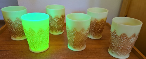 6 Fenton Fentonia Cherry & Scales Custard Tumblers Glasses Uranium 4" NOTE