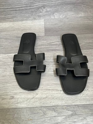 Hermes oran sandals black calf skin leather slip on slide,sandals sz 40 us 9.5