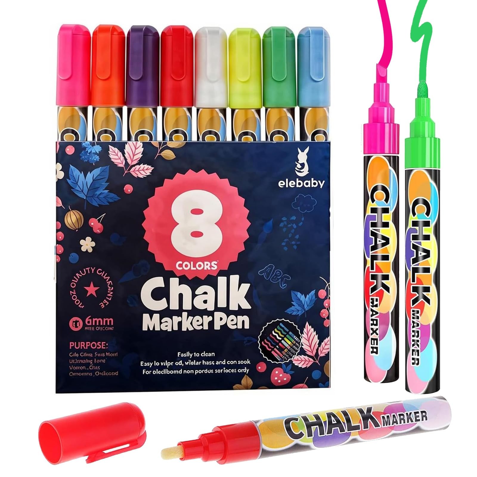 Liquid Chalk Markers, 8 Colors, Erasable Reversible Tips, 1 Count (Pack of 8) 