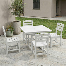 5-Piece White HDPE Outdoor Patio Dining Set for 4, Square Table w/ Umbrella Hole
