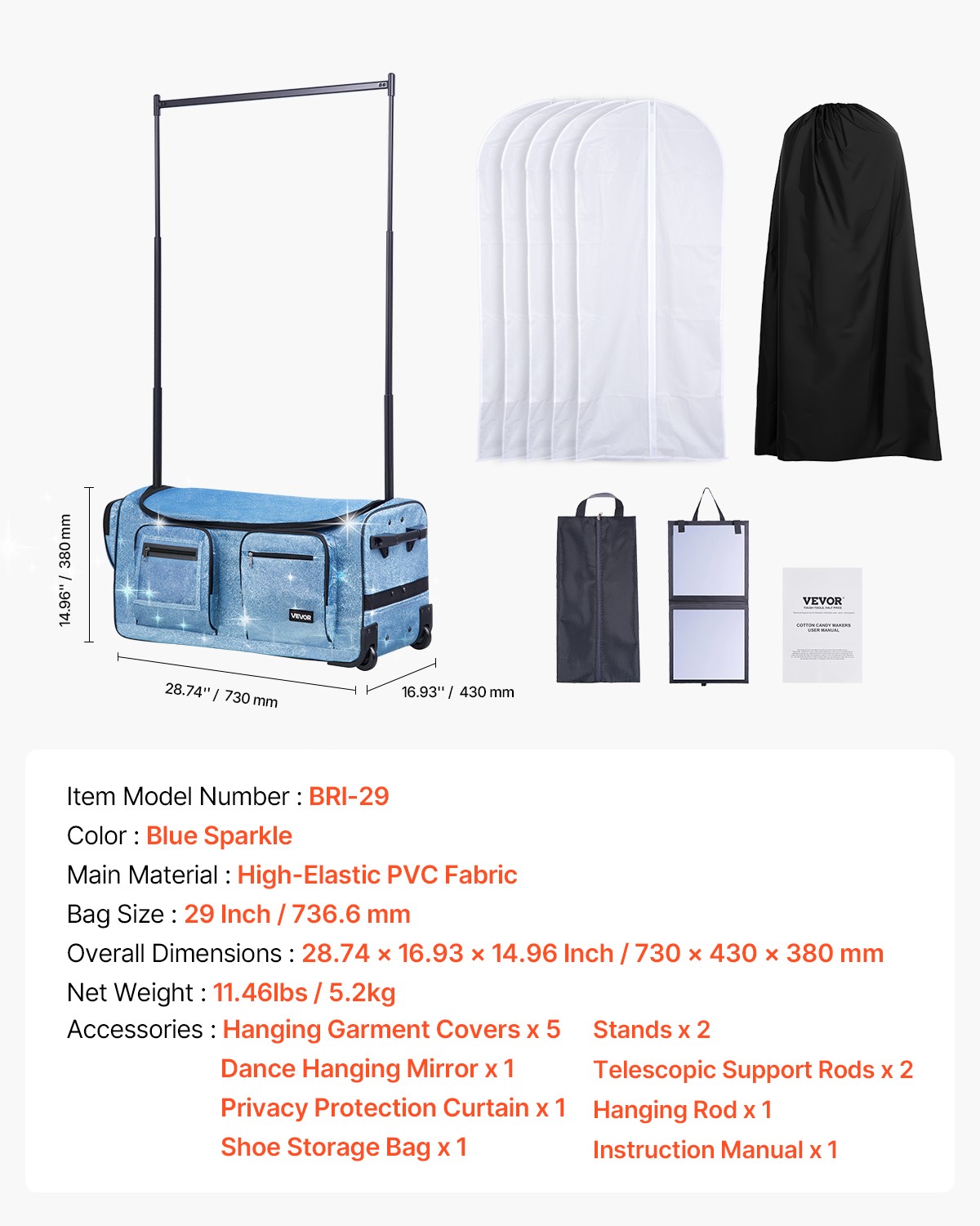 VEVOR 29 Inch Dance Bag with Garment Rack Rolling Duffle with Wheels for Travel